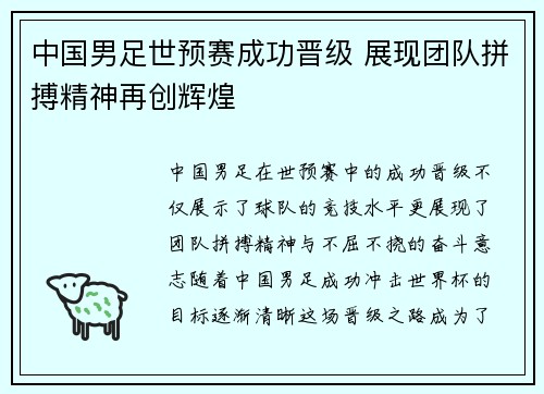 中国男足世预赛成功晋级 展现团队拼搏精神再创辉煌